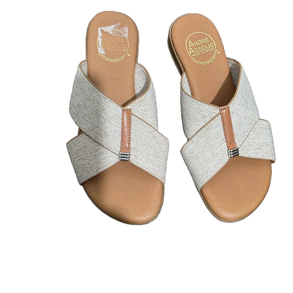 Andre Assous Brown Leather Insole Beige Linen Light Sandals Made in Spain 6